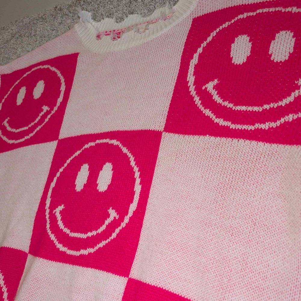 Altard State Pink White Smiley Face Checkerboard Knit Sweater XS Distressed - Picture 3 of 6